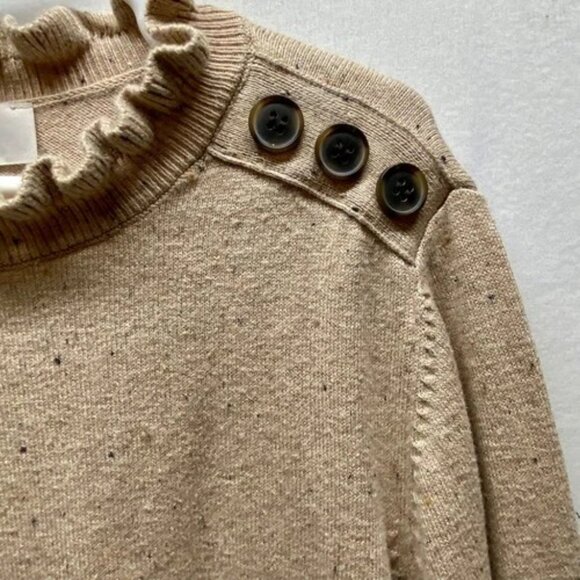 Loft Sweater Women’s Small Beige Speckle Ruffled Collar Button Accent Longsleeve - Picture 5 of 14